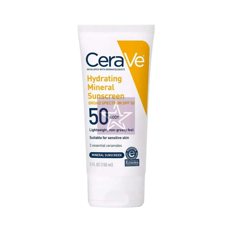 Cerave SPF50 মুখ ও শরীরের জন্য পারফেক্ট সানস্ক্রিন। 3 Cerave Hydrating Mineral Sunscreen SPF50 Body 150ml, SKU: 3606000514911
