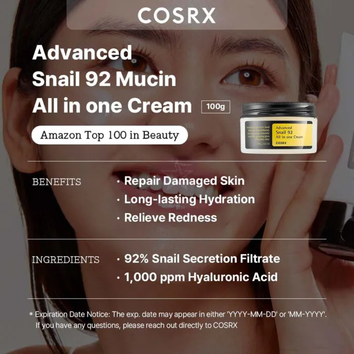 COSRX Snail Mucin 92_ Face Moisturizer, 3.52 Oz, Lightweight Moisturing Cream for Soft, Glowy Skin, Korean Skin Care, Korean Moisturizer Face Cream