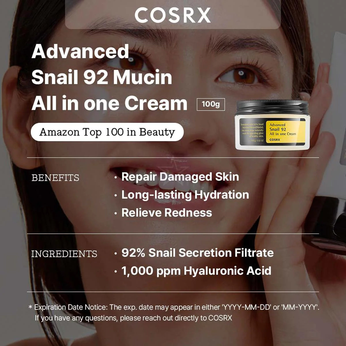 COSRX Snail Mucin 92_ Face Moisturizer, 3.52 Oz, Lightweight Moisturing Cream for Soft, Glowy Skin, Korean Skin Care, Korean Moisturizer Face Cream